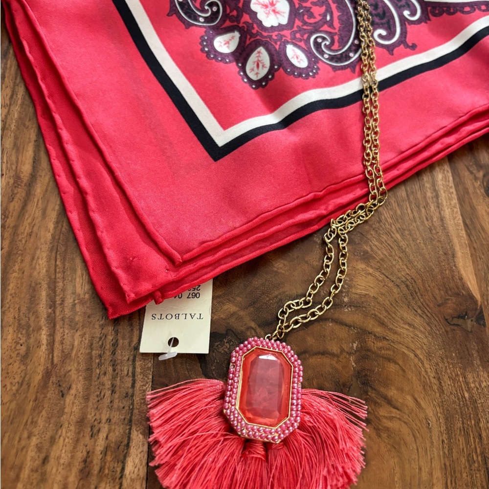 Talbots Coral silk Scarf & SUGARFIX by Baublebar Stawberry Ice tassel necklace